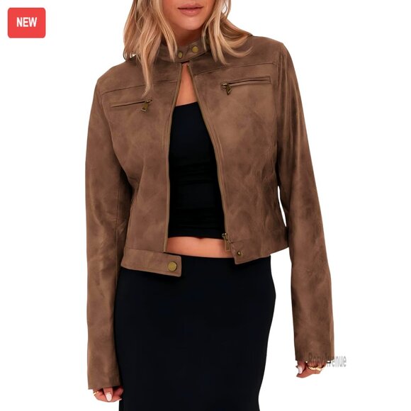 Faux Leather Cropped Motorcycle Jacket with Zip Up Stand Collar